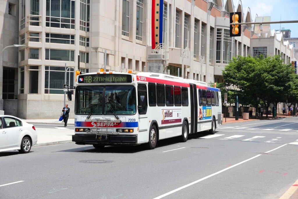 A visualization of a SEPTA bus vs. pedestrian collision in a high-traffic urban area, illustrating the risks present in busy Philadelphia corridors.
